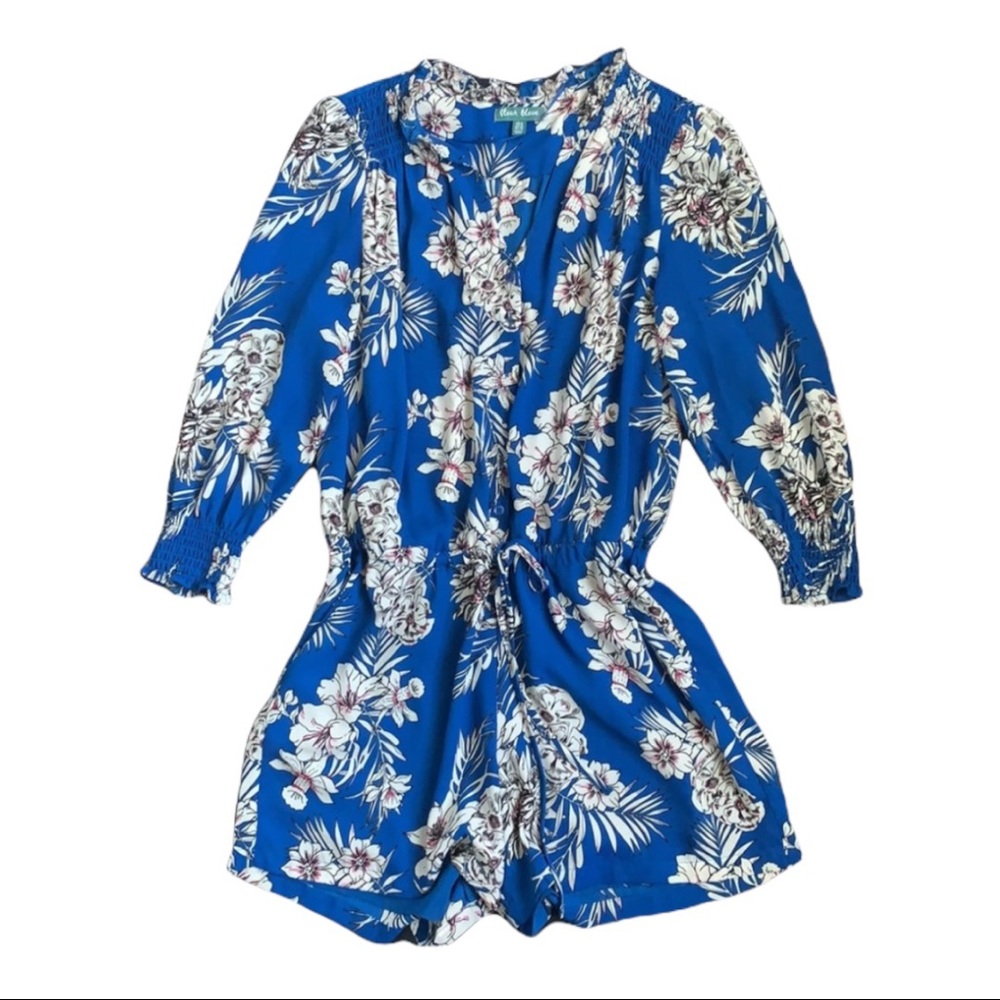 Fleur Bleue Blue Floral Print Long Sleeve Romper |  EUC Size M